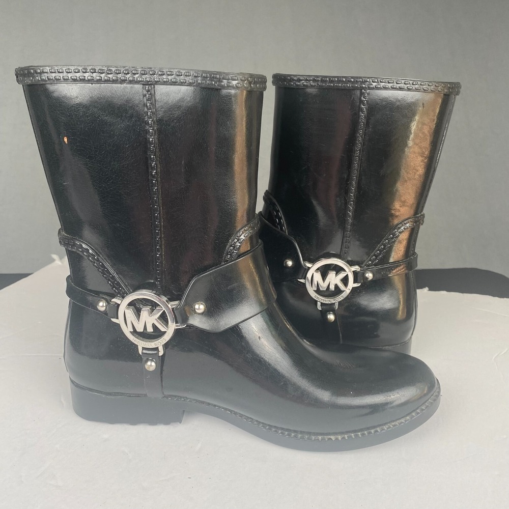 Michael Kors Fulton Harness Black Blue Rain Bootie Ankle Boots‎ Size 6